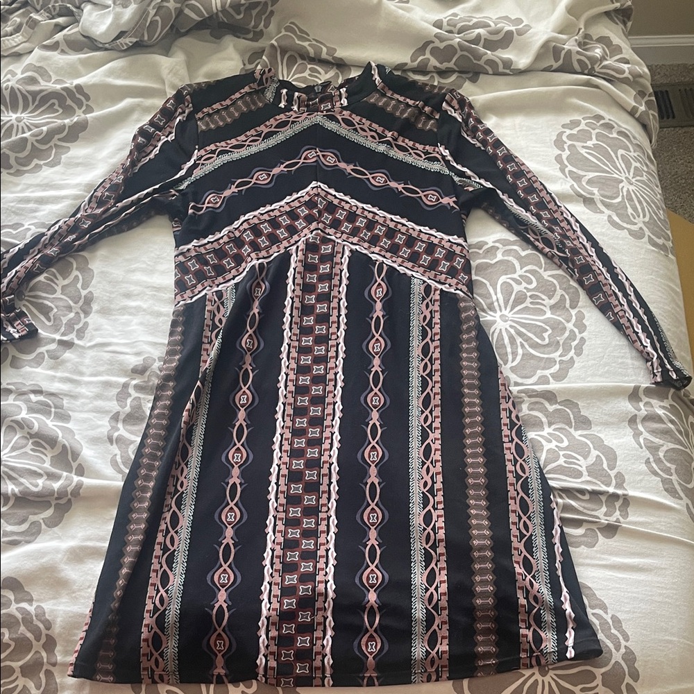 Free People Black and Pink Geometric Long Sleeve Dress